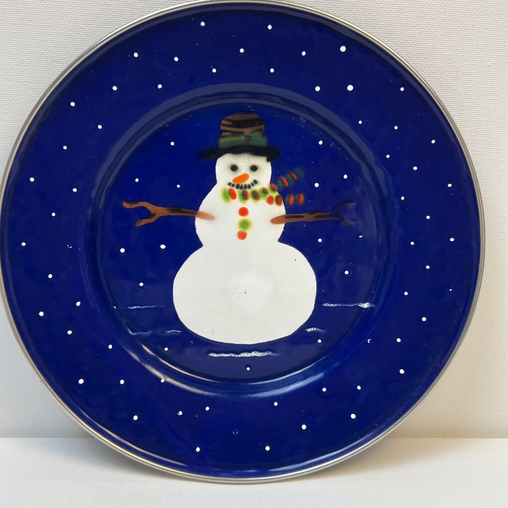 Golden Rabbit II Snowman Enamelware Plate Denise S Harvey Blue 9.75 inch 1997